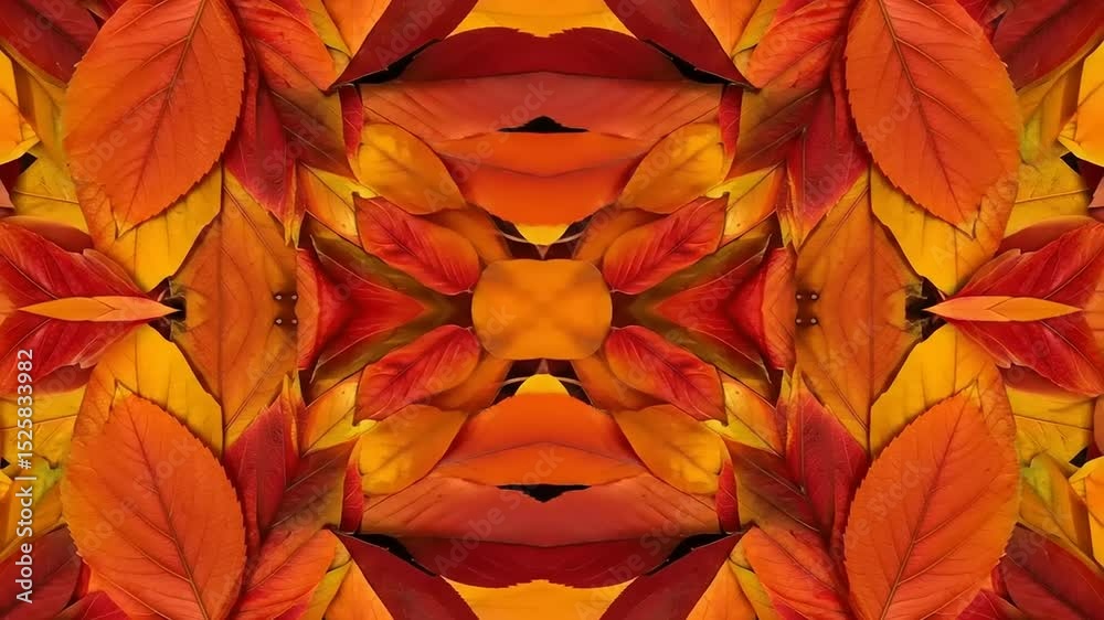 Vibrant autumn leaves in a kaleidoscopic pattern showcasing rich colors and natural beauty