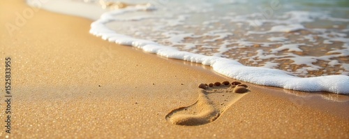 A single, isolated footprint being wiped away on a sandy beach, leaving only smooth sand behind The tide is gently washing over the remaining area , sun, evidence