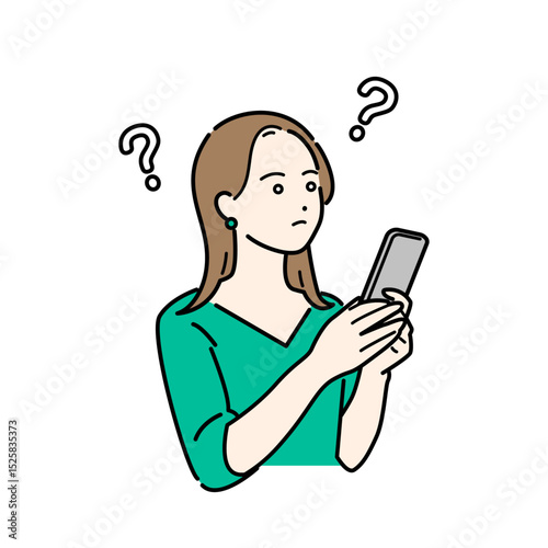 はてなを浮かべながらスマホで情報を調べる、若い女性のイラスト素材