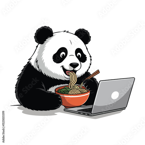 Cute panda using laptop and eating ramen noodles Cartoon vector illustration.