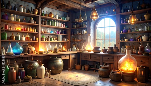 Enchanted Alchemist's Workshop A Mystical Laboratory Filled with Potions, Elixirs, and Glowing Ingredients
