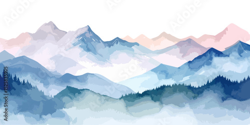 Panoramic morning mountain view with snow capped peaks, fog and clear sky isolated on white background