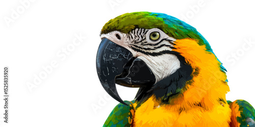 A bright blue and yellow macaw, an exotic tropical bird, is isolated on a white background.
