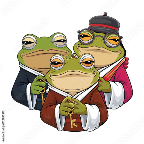 Cute three dressed cartoon frogs sitting together character vector design illustration.