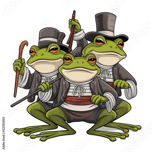 Frog in suit and top hat holding stick character vector illustration.