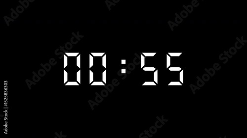 Digital countdown timer animation on transparent background, 60 seconds countdown