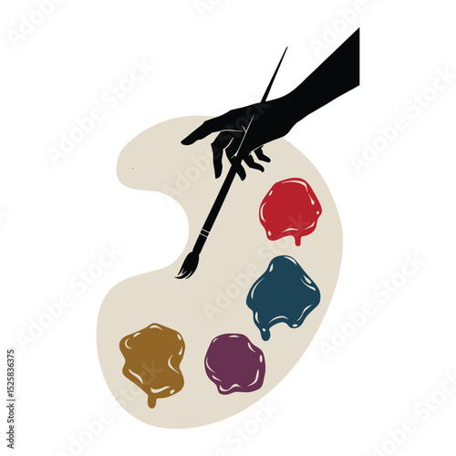 Hand Holding Paintbrush Mixing Colors on Artist Palette Vector Illustration.