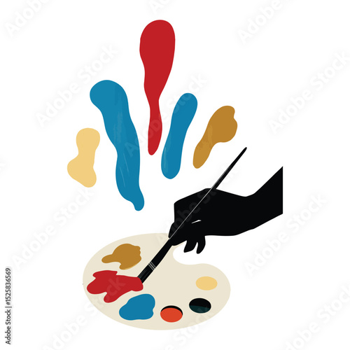 Hand Holding Paintbrush Mixing Colors on Artist Palette Vector Illustration.