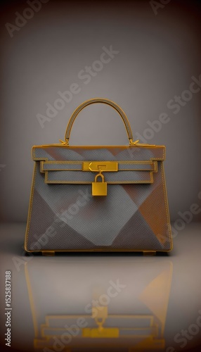 A digitally rendered handbag, with a metallic gold lock and hardware, sits on a reflective surface against a muted background