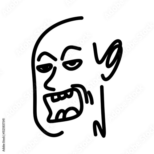 Grotesque Cartoon Face with Sharp Teeth and Disconnected Ear Line Art