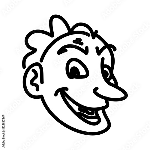 Cartoonish face with a wide grin and prominent nose, outlined in bold black lines.