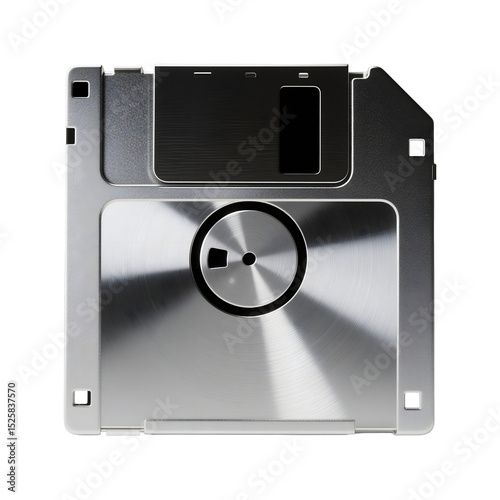 Classic floppy disk reimagined in sleek chrome with semi-reflective surface.