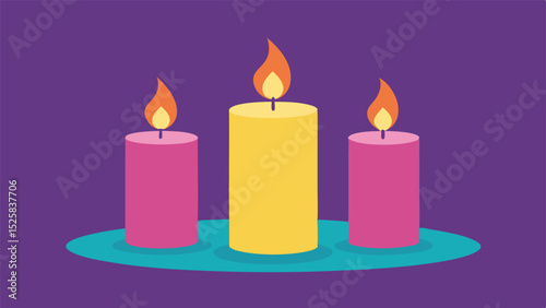 Three lit candles on a teal circular platform with a purple background