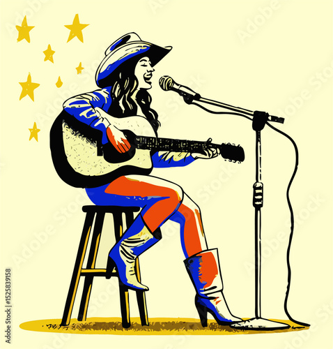 Country Singer Woman Singing with Guitar on Stage