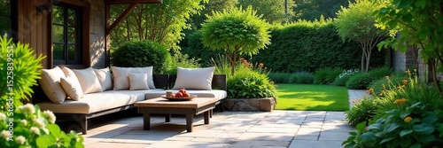 Serene garden patio scene with lush greenery, stone paving, and comfortable seating Perfect for relaxation and outdoor entertaining Enjoy the tranquil ambiance , gravel, stone, summer