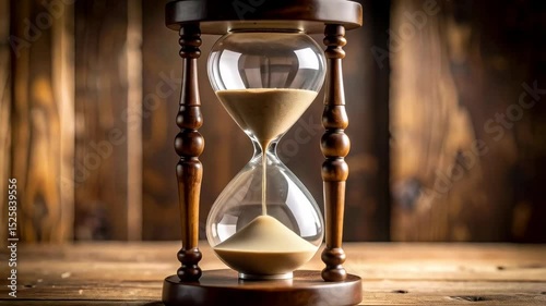 Elegant hourglass sits on a wooden surface, time passing concept, illustrating urgency and limited time, sand grains falling, timer tool.
