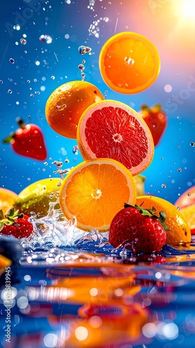  sliced fruits floating in the air