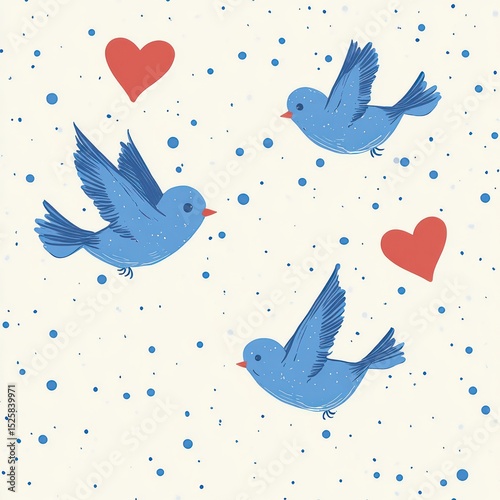 Illustration of three blue birds flying with red hearts and scattered blue dots on a light background, evoking a cheerful and loving atmosphere