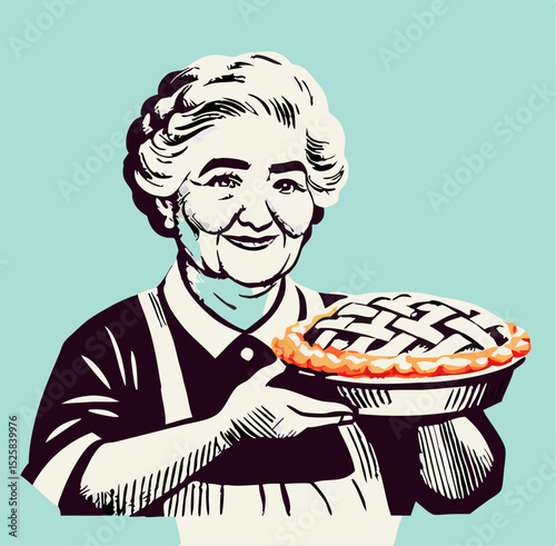 Smiling Elderly Woman Holding Homemade Apple Pie