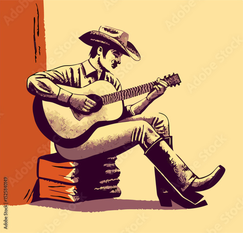 Cowboy Playing Acoustic Guitar, Western Music Illustration