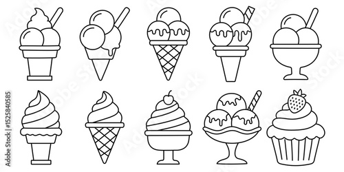 ice cream cone vector icon set. icecream scoop cup symbol. vanilla tasty soft ice cream sign collection Editable stroke