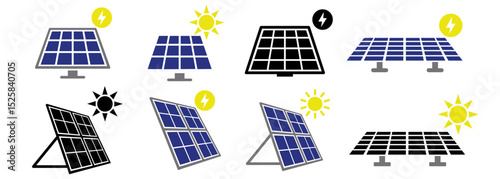 Solar panels icons set. solar energy flat simple for infographics design. Eco , Solar farm, Safe creation and construction, Battery safety, vector illustration.