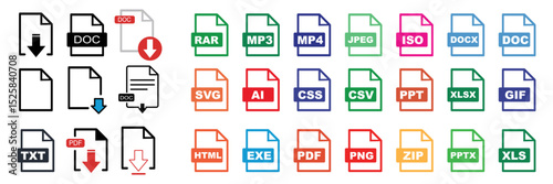 File formats and upload file big icon collection. File format of document icons set. PDF, JPG, DOC, PPT, XLS, MP4, RAR, AI, ZIP, MP3, MPV, GSF and others - stock vector.