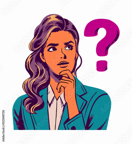Young Woman Thinking, Question Mark, Problem Solving, Illustration
