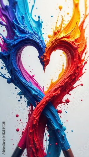 Close-up of intertwined paintbrushes, vibrant colors swirling, reflecting passion and creativity in an artistic expression of love , heart, creativity