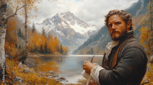Man paints in autumnal landscape