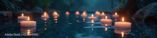 Mystical floating candles illuminate a dark, tranquil water surface, creating a serene and magical ambiance Ideal for spa, meditation, or fantasy themes , magical, dark water