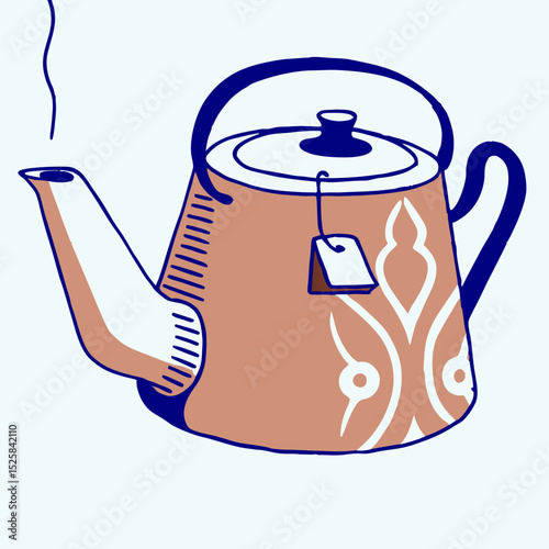 Steaming Tea Kettle with Tea Bag,  Cozy Home Decor Illustration