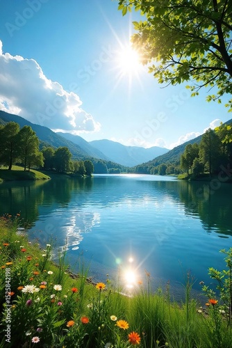 Sun-drenched reservoir shimmering under a summer sky, calm water reflecting the bright sunlight, idyllic summer landscape, perfect for relaxation and recreation , trees, outdoors, sun
