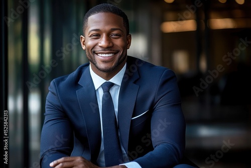 Smiling professional man in dark blue suit and tie sitting with arms crossed in modern office environment