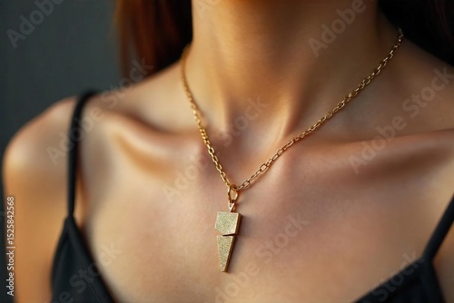 Sleek, minimalist gold necklace with geometric pendant Perfect for modern fashion shoots or jewelry websites Close-up shot highlighting intricate detail and luxurious texture , smooth, reflection