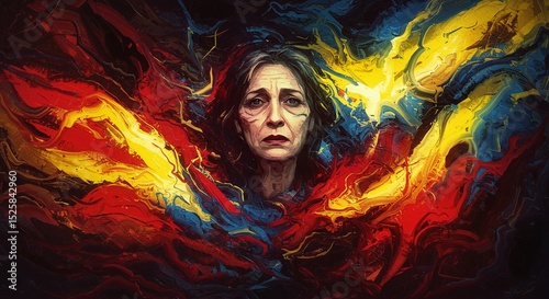 A woman is painted in a colorful abstract style with red, yellow