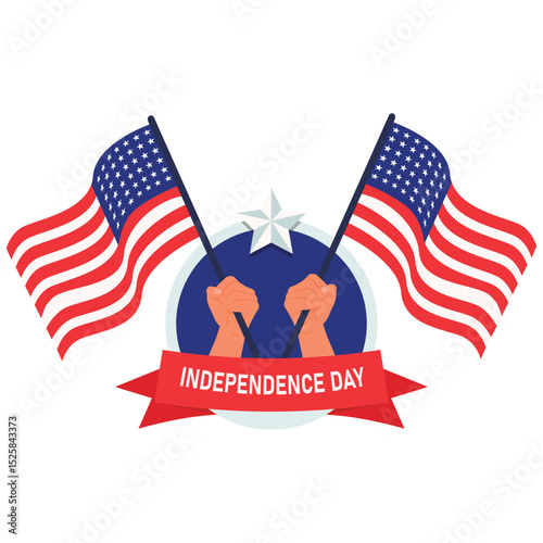 Generate AI Activity Illustation. Vector illustration of Two raised hands holding American flags with a circular blue badge and red ribbon for Independence Day. Isolated on background