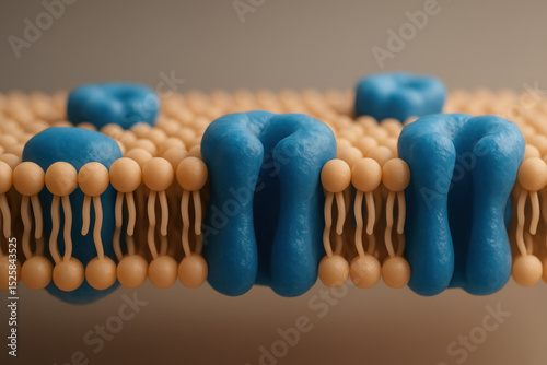 Cell membrane with embedded blue protein channels facilitating molecule transport across lipid bilayer structure