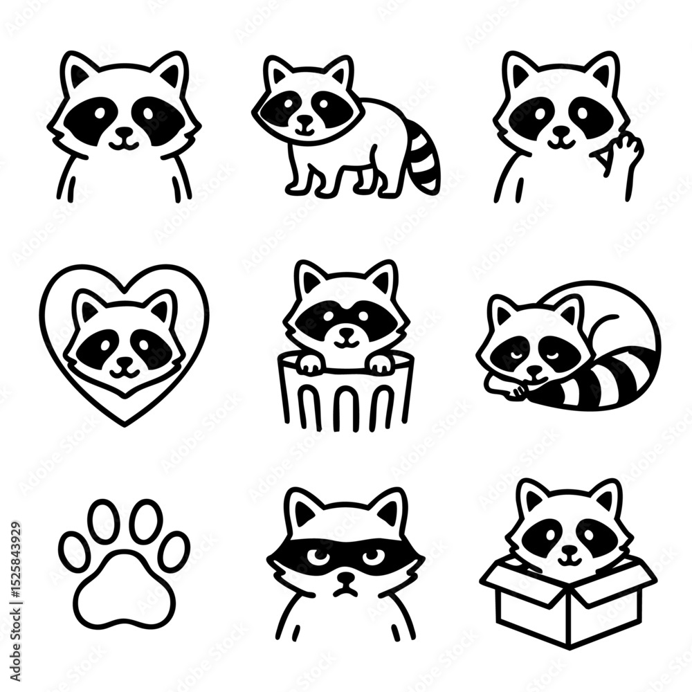 Obraz premium A set of doodle line icons featuring adorable raccoon characters in various poses, showing expressions, sleeping, waving, and playing in boxes