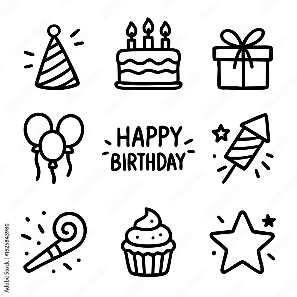 A set of doodle line icons for birthday celebrations, featuring cake, party hat, balloons, candles, gifts, and fireworks