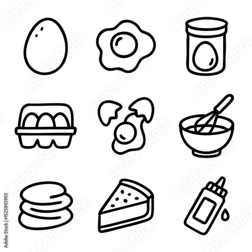 A set of doodle line icons illustrating eggs, cooking ingredients, and baking items like whisk, pie, pancakes, and egg carton