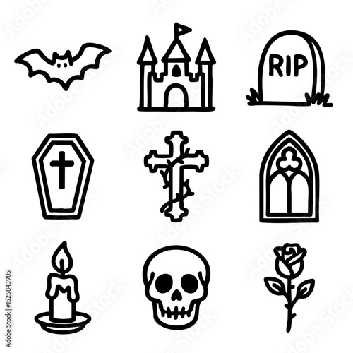A set of doodle line icons featuring gothic and spooky elements like bats, skulls, coffins, castles, candles, and gravestones