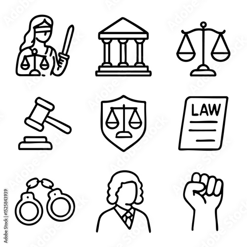 A set of doodle line icons representing the justice system, including scales, judge, gavel, courthouse, law documents, and legal rights