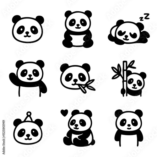 A set of doodle line icons featuring adorable panda characters in various poses, eating bamboo, sleeping, waving, and celebrating