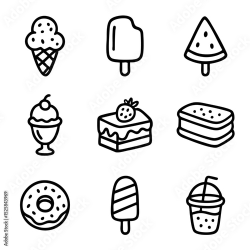 A set of doodle line icons showing various desserts and frozen treats including ice cream, cake, donuts, popsicles, and milkshakes