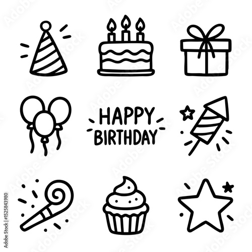 A set of doodle line icons for birthday celebrations, featuring cake, party hat, balloons, candles, gifts, and fireworks