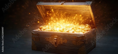 Open wooden treasure chest glowing intensely with golden coins and sparkling magic light inside a dark surrounding