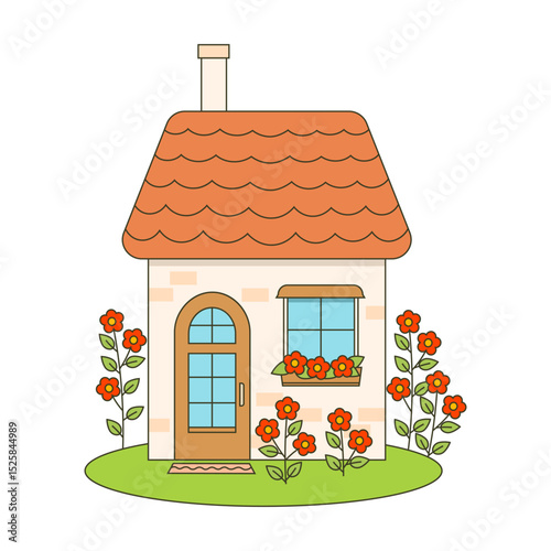 Cartoon cottage house with garden flowers vector illustration, isolated on white background. Decorative design for themes of home, gardening and rural living.