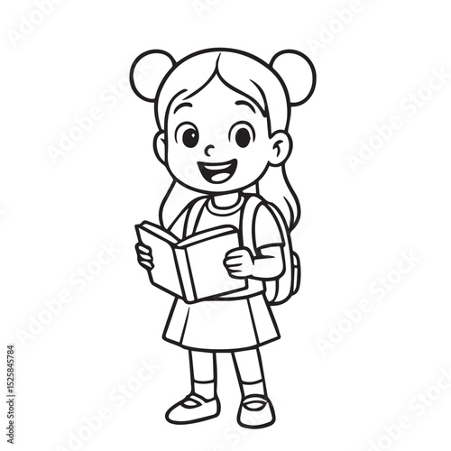 Black and white vector of a kindergarten girl going back to school, drawn in clean minimalist style with clear shapes and heavy black outlines.

