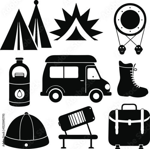 Camping Vehicle Icon Set in Black and White Travel Art, Minimalist Van and Boot Design for Outdoor Adventure Illustration